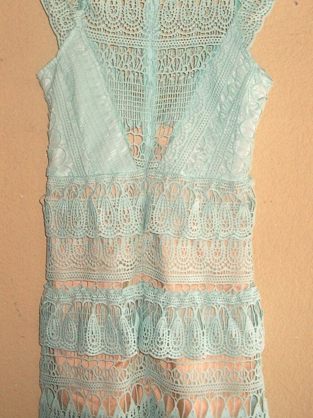 Self Portrait Mint Green Lace Knee-Length Tiered RearZip Dress NEW